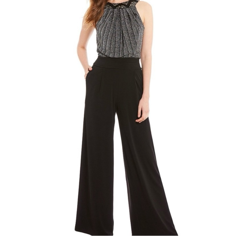 Signature by Sangria Black silver Beaded Jumpsuit wide leg size 6